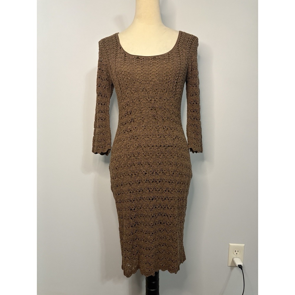 VTG Kroshetta by Papillon Dress 90s Hand Crochet Open Knit Brown Lined Medium